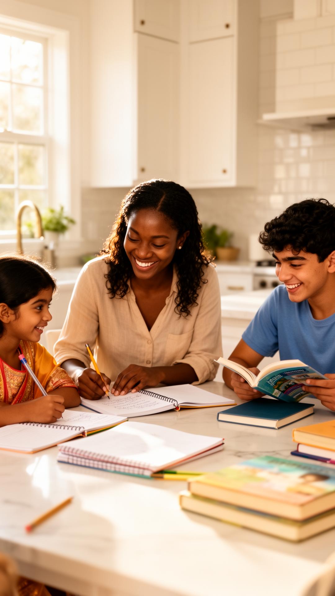 A tutor and student working together at a sunny kitchen table